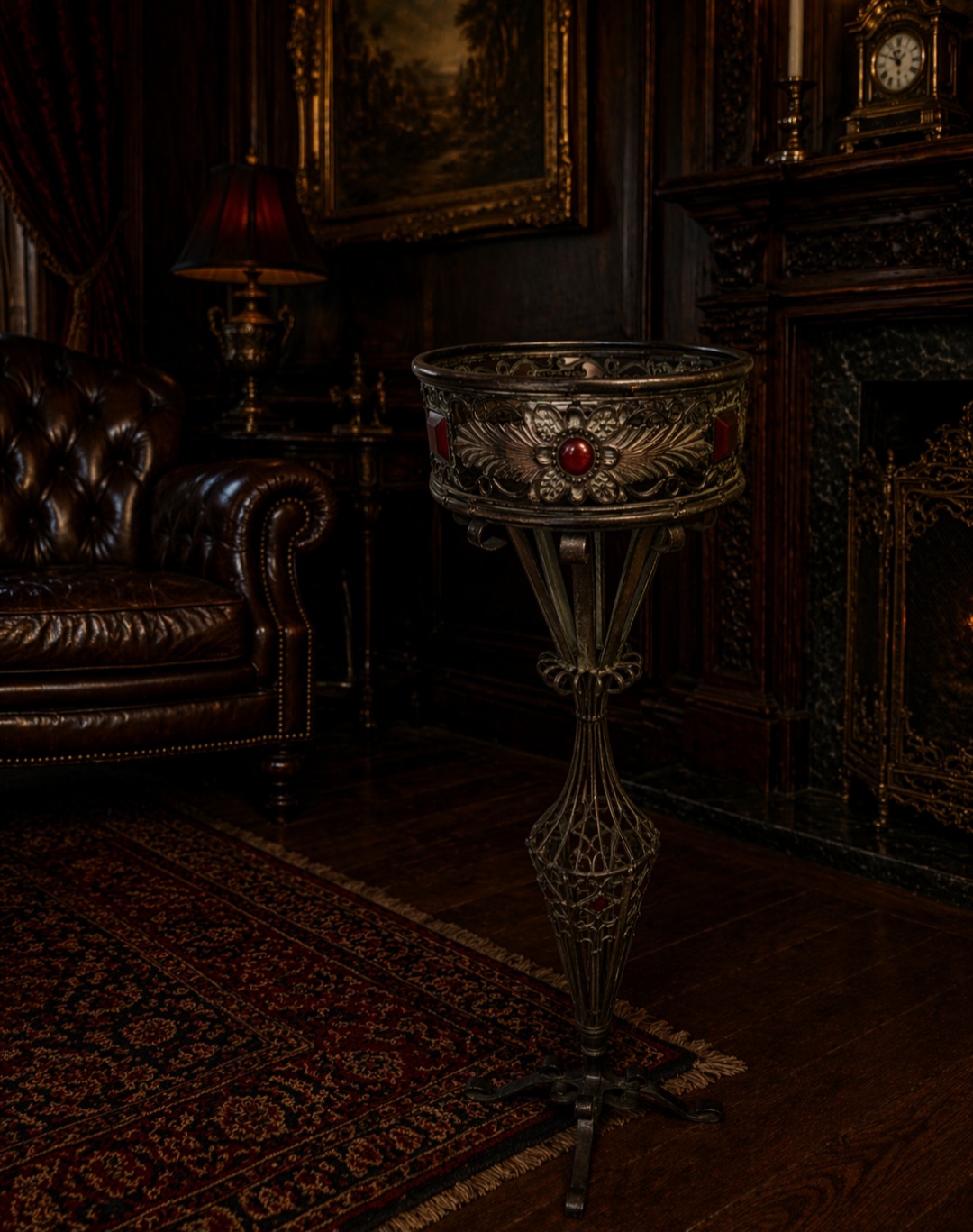 The image depicts a darkly lit room with a rich, ornate atmosphere, featuring a large, ornate goblet as the central focus....