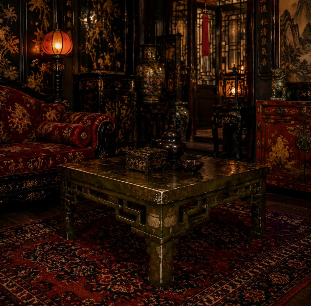 Spanish (Spain) Un salón de estilo chino antiguo con muebles, una mesa de centro y un sofá, y un tapiz en el suelo.