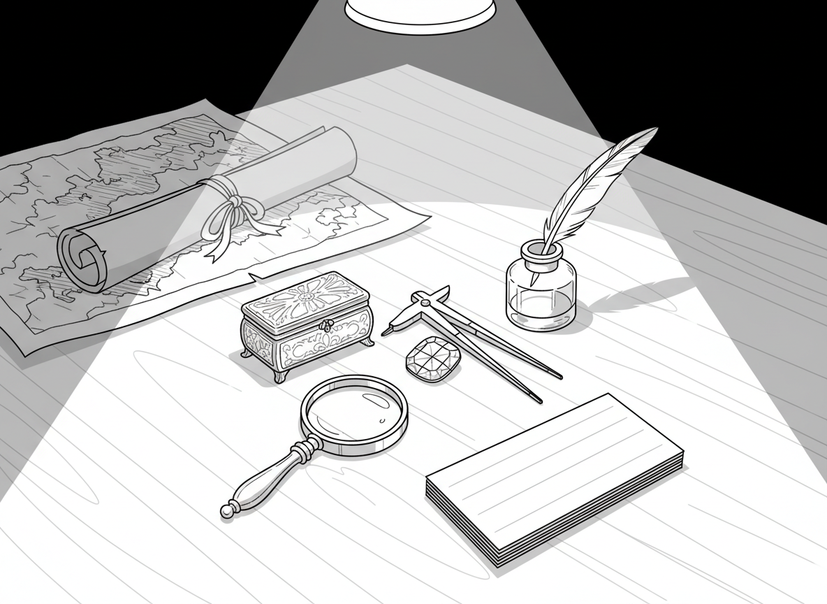 A sophisticated line-art vignette of an eighteenth-century appraisal desk prepared for cataloguing antiques: a magnifying loupe resting atop a small, engraved silver snuff box, a steel caliper measuring a gemstone, and an inkwell beside neatly aligned inventory cards with fine ruled lines. The wooden desk surface shows subtle grain indicated by delicate parallel strokes, with a rolled-up parchment map and a closed, ribbon-tied document in the background. Overhead, focused, lamp-like lighting falls in a gentle cone, creating clear, purposeful shadows that guide the eye. The mood is methodical, expert, and discreet, evoking specialized appraisal services. Composed from a slightly oblique top-down angle, emphasizing order and precision, the minimalist, monochrome line-art style underscores technical exactness and trustworthiness for a valuation or authentication services section.