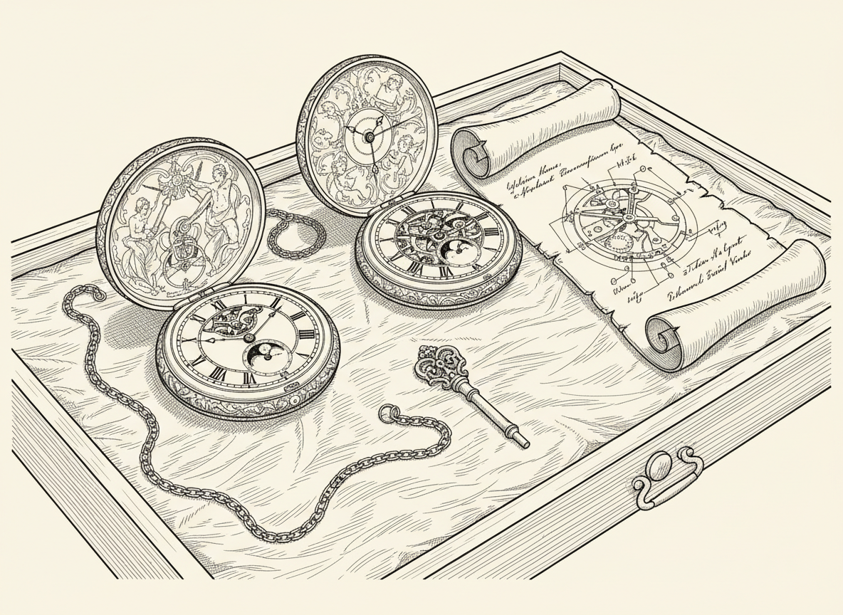A niche line-art illustration of a protected display of rare eighteenth-century horology: two elaborately engraved pocket watches with open cases revealing Roman numeral dials, a delicate verge escapement diagram sketched on a nearby parchment, and a slender winding key laid beside them. Everything is arranged on a soft, padded display cloth within a shallow exhibition drawer, hinted by faint frame lines around the scene. Gentle, directional lighting from the upper left casts small, intricate shadows beneath the chains and keys, accentuating mechanical detail with fine cross-hatching. The atmosphere is obsessive and archival, tailored to serious collectors of antique timepieces. Framed as a close, horizontal composition at a low, raking angle, the line-art style is technical yet luxurious, with precise, clean strokes emphasizing both engineering and ornamentation for a specialized watches category.