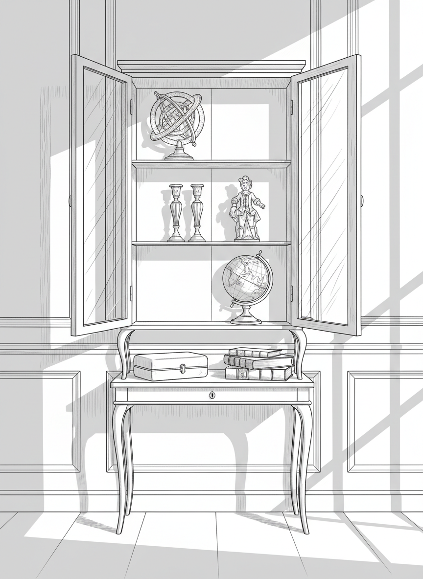 An elegant line-art scene of an eighteenth-century cabinet of curiosities, its glass doors slightly ajar to reveal shelves of carefully spaced antiques: a brass astrolabe, a pair of decorative candlesticks, a small terrestrial globe on a turned wood stand, and a delicate porcelain figurine. The cabinet stands against a paneled wall with subtle classical moldings, and a narrow console below supports a closed velvet-lined box and a neatly stacked trio of leather-bound catalogues. Side lighting from an unseen tall window to the right produces long, refined shadows and highlights edges with precise line weight variations. The mood is quietly dramatic and curated, suggesting rare, museum-quality pieces. Shot from a straight-on, eye-level perspective with balanced asymmetry, the line-art rendering is crisp, restrained, and highly detailed, ideal for a collections overview page.