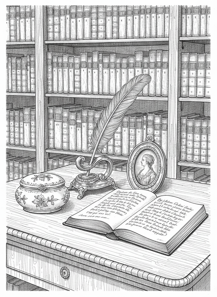 A refined line-art composition of a curated tabletop arrangement of eighteenth-century artifacts: a finely decorated porcelain snuff box with floral motifs, a silver quill stand with feather quill, an open leather-bound ledger showing looping calligraphy, and a small gilded frame holding an oval miniature painting. They sit atop a polished wooden bureau with carved edges, set against a backdrop of tall bookcases brimming with neatly lined, leather-spined volumes. Soft studio-style lighting from the left creates delicate shading and subtle depth through cross-hatching. The mood is intellectual and cultivated, evoking a private collector’s study. Captured from a slightly elevated angle using the rule of thirds, with clean negative space around the group, the elegant line-art aesthetic highlights textures—porcelain, metal, leather, and wood—without color, reinforcing the site’s sophisticated, scholarly identity.