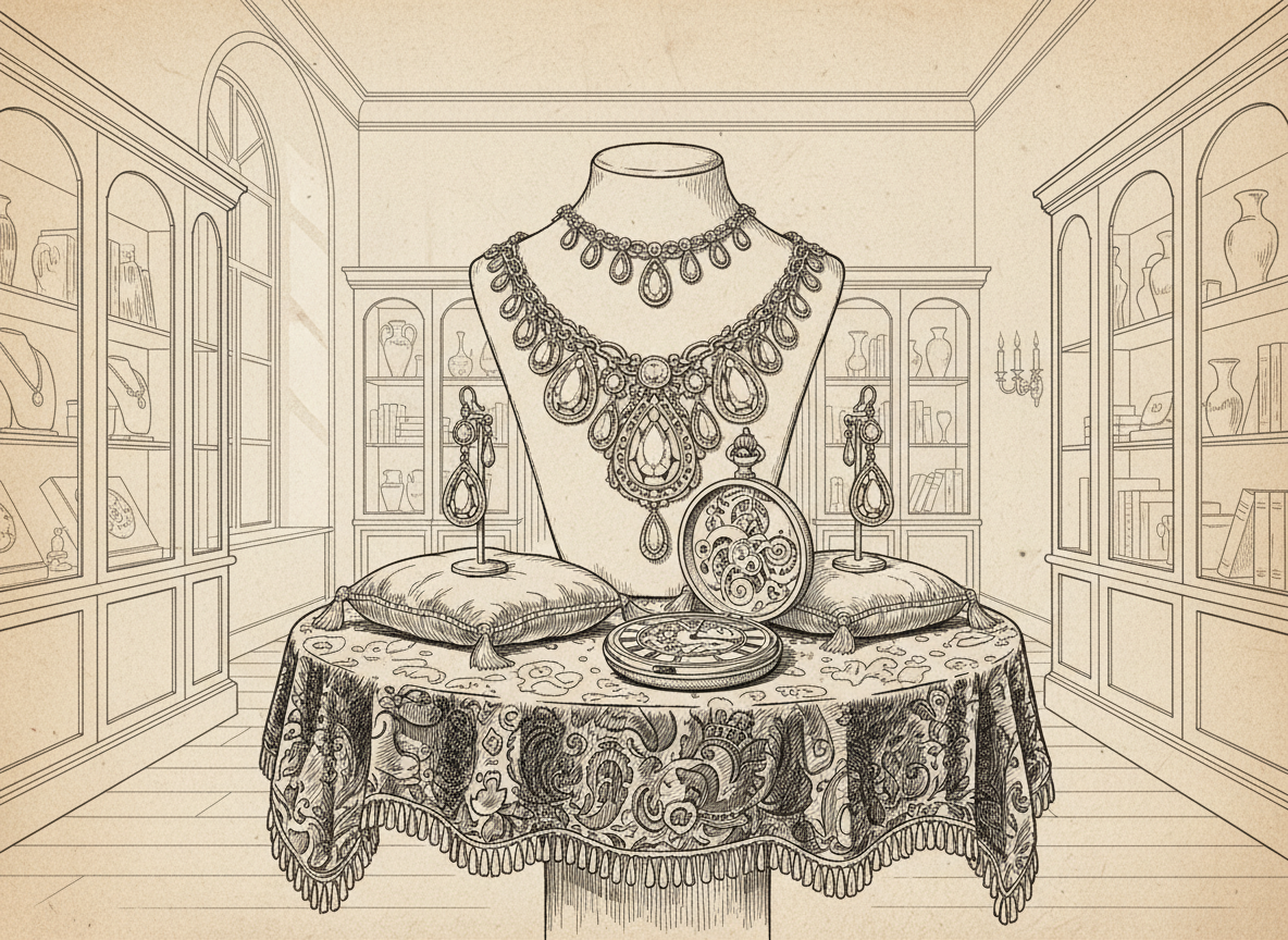 A meticulously detailed line-art illustration of an ornate eighteenth-century jewelry display, featuring a central Baroque gold filigree necklace with teardrop-cut gemstones, matching earrings, and an intricate pocket watch with visible engravings. All pieces rest on a velvet-draped pedestal table inside a refined, old-world showroom lined with tall glass cabinets filled with faintly suggested antiques. Soft, diffused candlelight and subtle daylight from a high arched window create gentle cross-lighting, casting delicate, crisp shadows in ink. The atmosphere feels sophisticated and scholarly, evoking a museum boutique. Composed at eye level with balanced symmetry and clear foreground, midground, and background, the line-art style is elegant, precise, and uncluttered, emphasizing fine contours, hatching, and ornamental details suitable for a luxury antiques brand homepage.