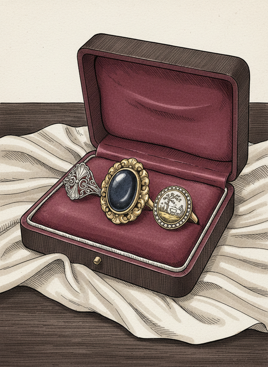 A close-up line-art illustration of an eighteenth-century ring collection placed in an open velvet-lined presentation box, each ring distinct: one with an oval cabochon gemstone in a heavy gold setting, another with delicate rococo scrollwork, and a third featuring a miniature enamel scene. The box rests on a subtly textured silk cloth with faint folds and creases, on a dark wooden surface. A single overhead source of soft, diffused light creates graceful, controlled shadows and carefully defined highlights through fine hatching lines. The composition uses a tight, centered framing with shallow implied depth, keeping the focus on the rings’ craftsmanship. The atmosphere feels intimate, luxurious, and meticulous, as if inviting close inspection by a connoisseur, with a clean, minimalist line-art style that conveys precision and exclusivity for a high-end antique jewelry section.