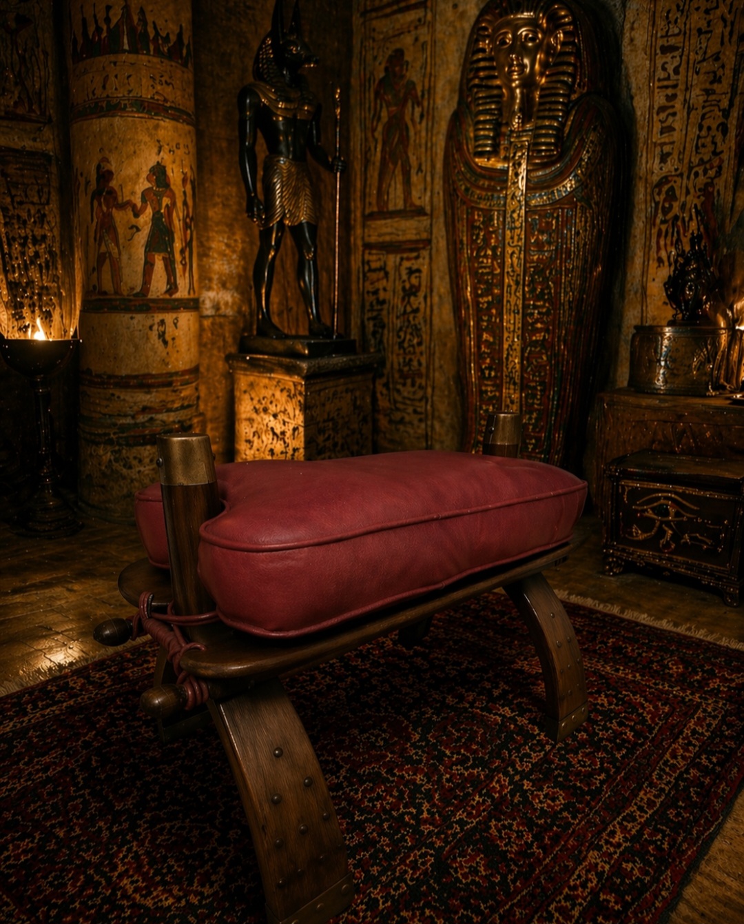 El objeto en la imagen parece ser un taburete con un asiento de cuero rojo y una base de madera.